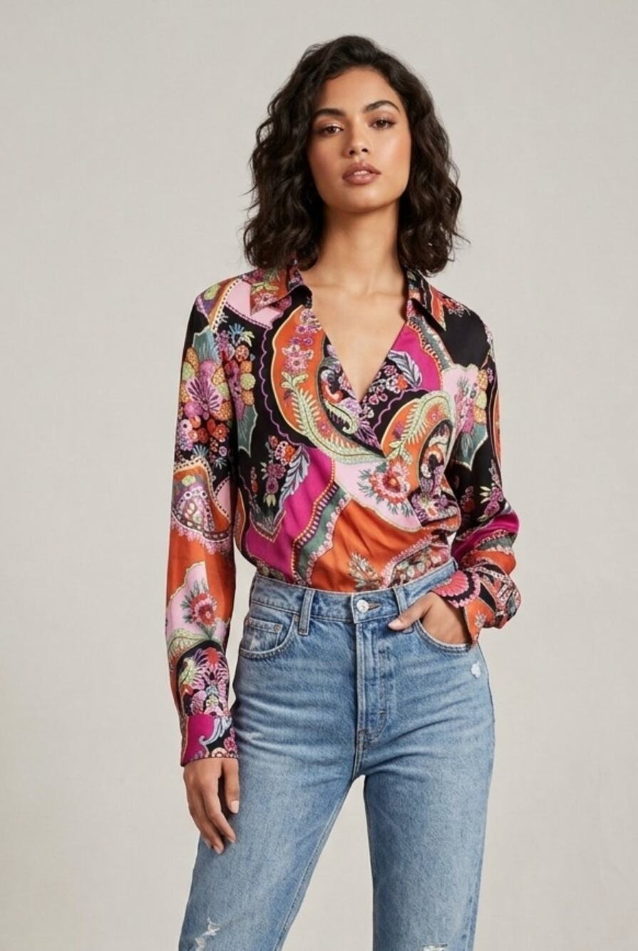 Rachel Zoe NWT Cropped Wrap Blouse Large Paisley Floral Boho 70s Multicolor